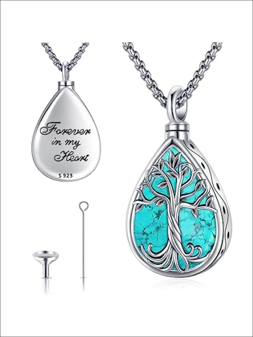 925 Sterling Silver Turquoise Tree of Life Urn Pendant Necklace for Ashes